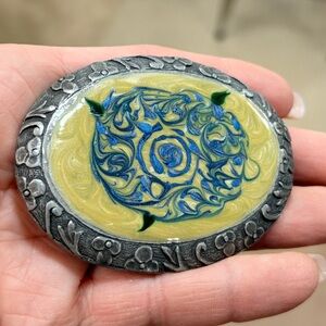 Belt Buckle Metal and Resin Handmade Artisan Blue and Yellow Womens Buckle